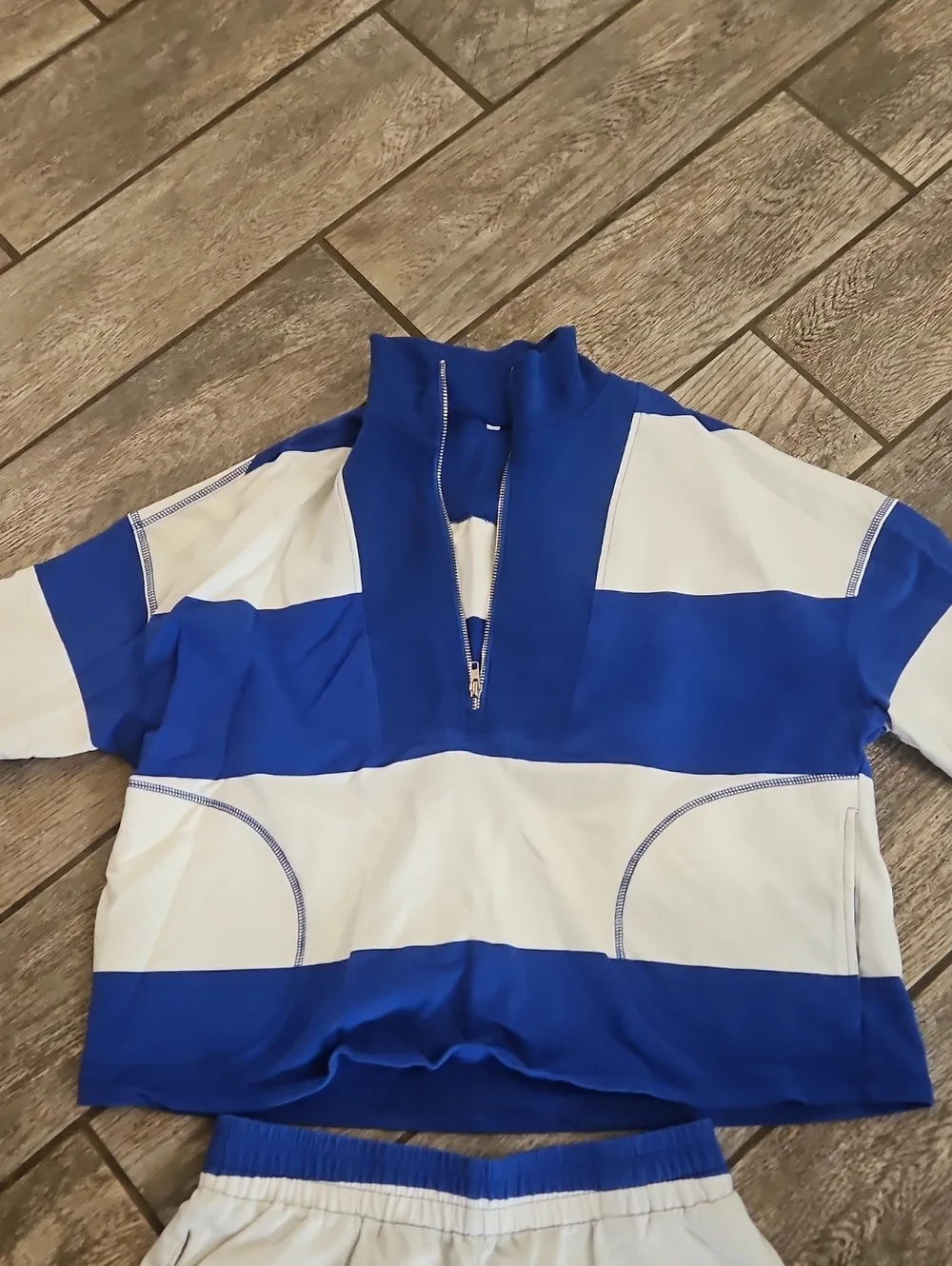 Blue and White Striped Athletic Two-Piece Set